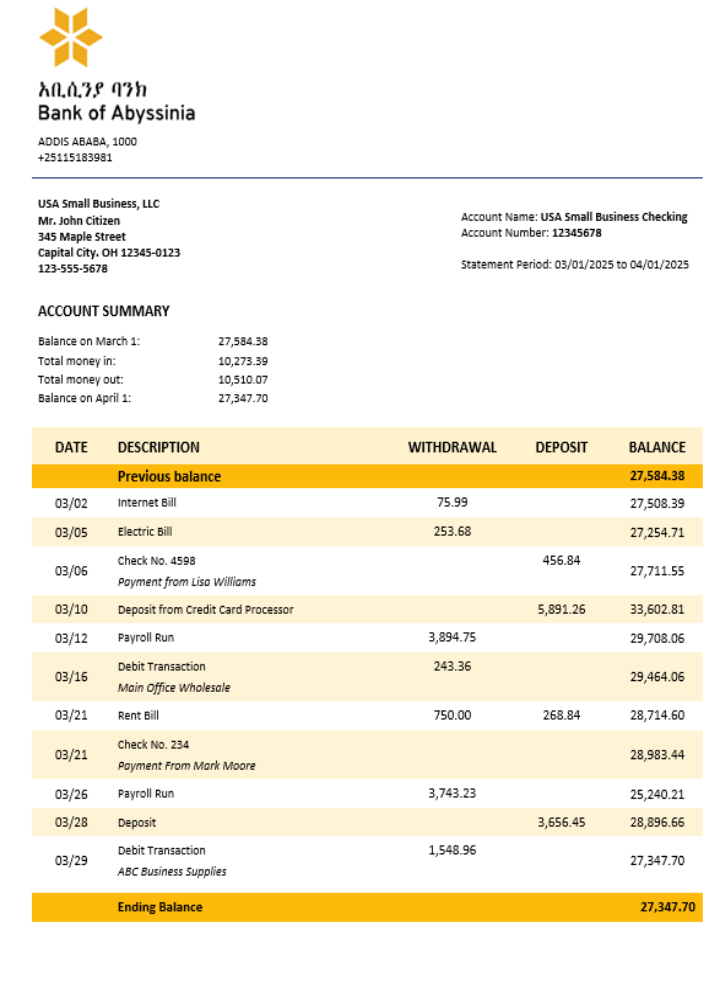Relevé bancaire professionnel de la Bank of Abyssinia au format Word et PDF